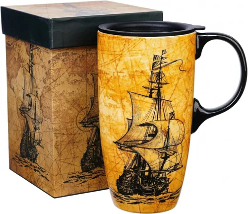 Vista 11 de DUSVALLY Taza de café alta de cerámica, juego de regalo de taza de café de amigos, taza de viaje con tapa para oficina y hogar, taza de porcelana