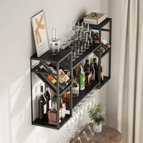 Vista 7 de KaKaBB Estante de vino montado en la pared, estantes de metal de 47 pulgadas de 2 niveles con soporte para vidrio, capacidad para 30 botellas y de 6