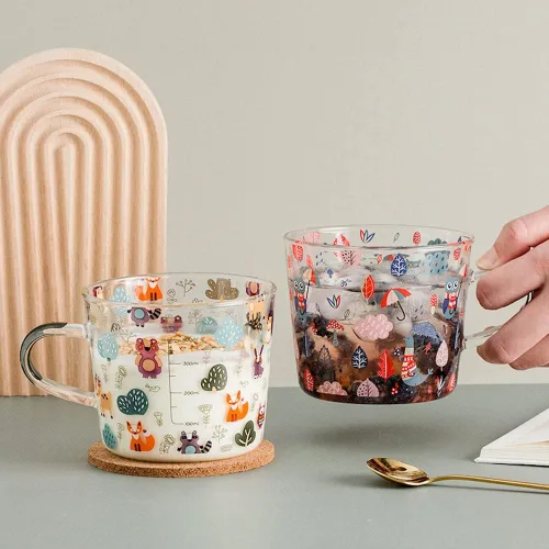 Vista 7 de JHTPSLR Taza de vidrio transparente con asas para fiesta del bosque, 17 onzas, bonita, taza de vidrio con osos, zorro, búho, ardilla, alce, hongos