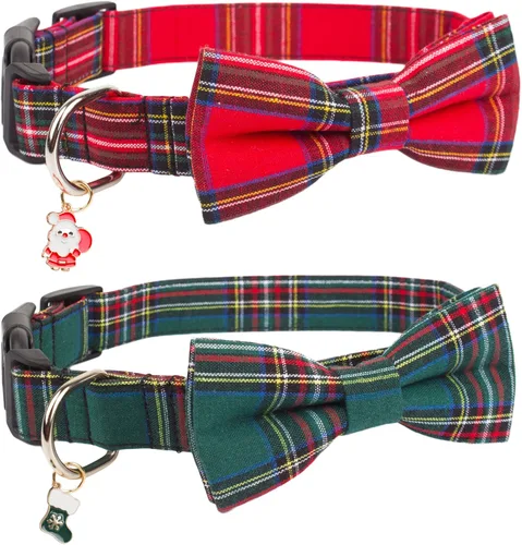 Vista 6 de PTDECOR Collar de Navidad para perro con lazo, ajustable a cuadros rojos y verdes con corbatín extraíble, collares de Navidad para perros pequeños