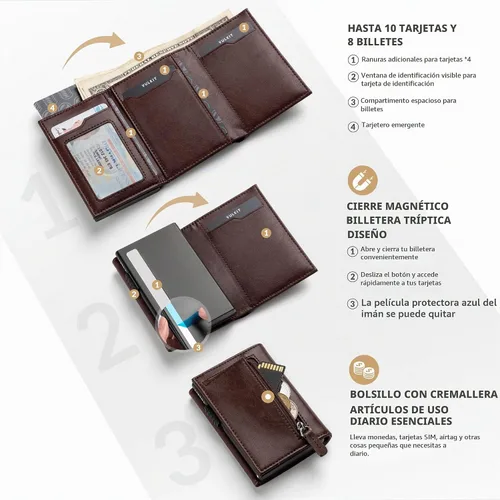 Vista 3 de VULKIT Cartera con tarjetero con bolsillo para monedas, cierre magnético, tarjetas desplegables con ventana para identificación, cartera de cuero