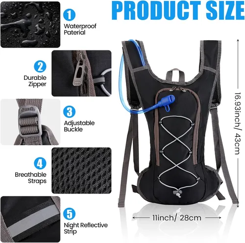 Vista 2 de Mochila de hidratación de 3 piezas con 3 unidades de 2 litros de agua de vejiga de agua, paquete de hidratación para camping, senderismo, ciclismo