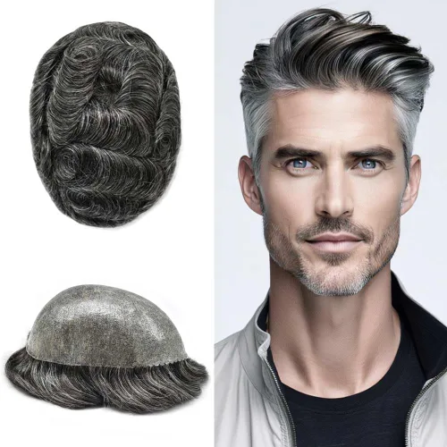 Vista 70 de Mens Toupee Hair System para hombres Piezas de pelo Sistema de reemplazo Poly Skin Toupee para hombres Protesis Capilar Para Hombre 6X8#1 Jet Black