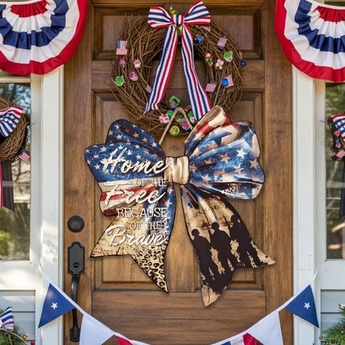 Vista 7 de Boao Corona de madera para el Día de los Caídos, decoración patriótica para puerta delantera, arco de madera, porche, bandera estadounidense, placa