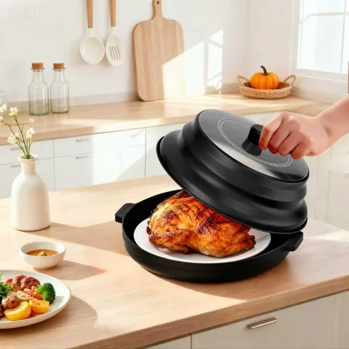 Vista 8 de Cubierta 2 en 1 para salpicaduras de microondas para alimentos con placa base antiquemaduras, tapa grande de plástico y silicona plegable