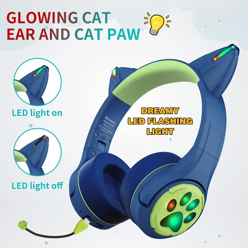Vista 3 de Riwbox CF9 - Auriculares Bluetooth para niños con luz LED, límite de volumen seguro de 85 dB, micrófono integrado y micrófono Boom para llamadas