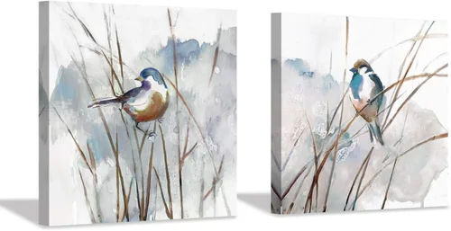 Vista 9 de Cuadro abstracto de pájaro para pared, diseño de pájaros en junco, impresiones de acuarelas sobre lienzo para dormitorio