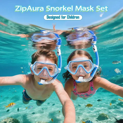 Vista 2 de 2 juegos de equipo de esnórquel para niños de 3 a 14 años, antivaho 180° Clear View Dry Top Snorkel Set, máscara de natación con cubierta nasal