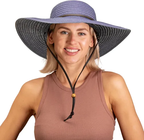 Vista 10 de Sloggers Sombrero de sol trenzado de ala ancha para mujer con cordón de viento, protección solar máxima UPF 50+ Marrón claro