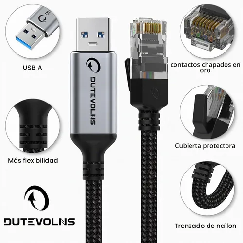 Vista 6 de Cable USB a Ethernet 3,3 pies, adaptadores USB 3.0 A a RJ45 macho de nylon, conexión Gigabit directa, compatible con laptop, PC de escritorio