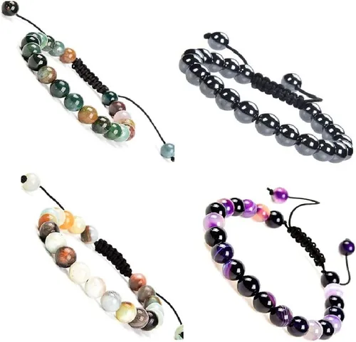 Vista 4 de Pulsera de cuentas de cristal de piedras preciosas de curación natural, unisex, ajustable, macramé, pulseras elásticas de ojo de tigre, amazonita