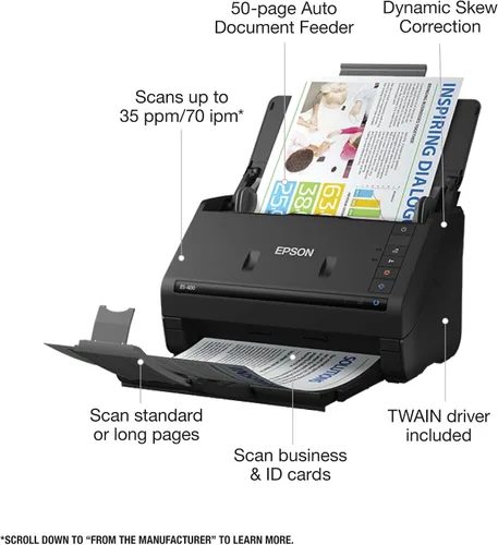 Vista 2 de Epson Workforce ES-400 Color Duplex Document Scanner para PC y Mac, alimentador automático de documentos (ADF)