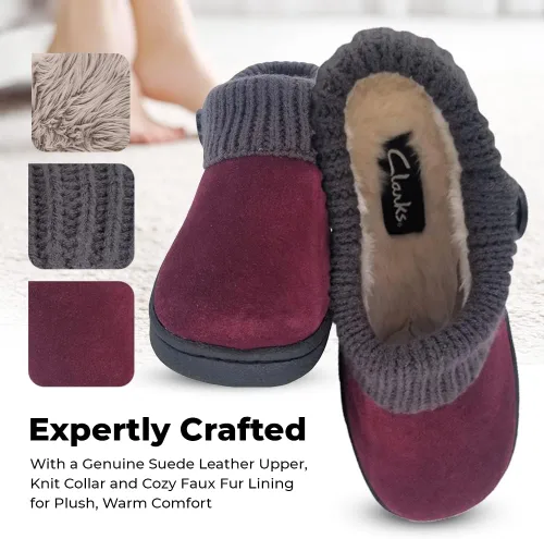 Vista 4 de Clarks Pantuflas de gamuza con cuello de suéter de punto para mujer, forro de piel sintética para interiores y exteriores, suela TPR y plantilla