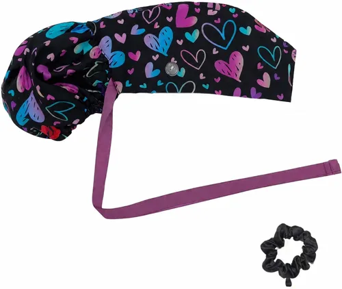 Vista 26 de Gorra médica con interior sedoso, gorro de algodón con banda para el sudor y botones, cola de caballo ajustable