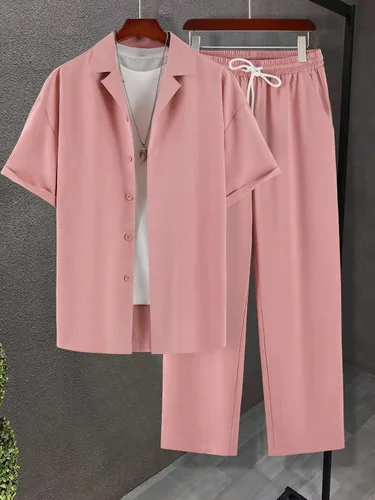 Vista 7 de GORGLITTER Conjunto de 2 piezas para hombre, camisa de manga corta con botones y pantalones de cintura elástica
