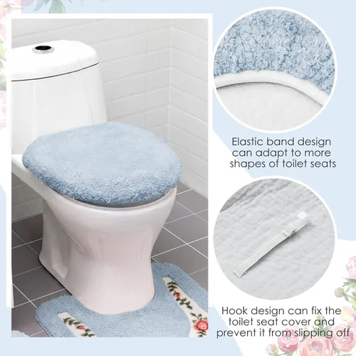 Vista 5 de Drydiet Juego de 3 alfombras de baño con rosas y flores, decoración de habitación, alfombra de baño floral en forma de U, antideslizante, Azul