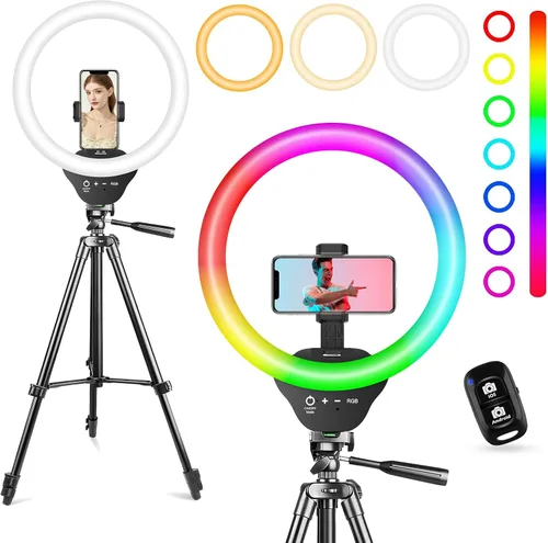 Vista 9 de SENSYNE - Anillo de luz de 10 pulgadas con soporte de trípode extensible de 50 pulgadas, luces circulares LED con soporte para teléfono