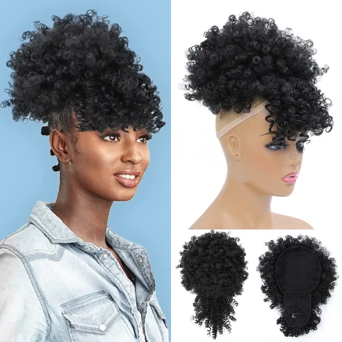 Vista 7 de Extensión de cola de caballo afro rizada Fayasu para mujeres negras, con cordón, cola de caballo con cabello rizado y flequillo, extensión