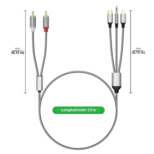 Vista 5 de Adaptador de Audio Auxiliar de Cable Lightning a RCA, Cable RCA a 3.5mm, Cable de Audio USB C a 2 RCA, (Cable de Audio 3 en 1) para Amplificador