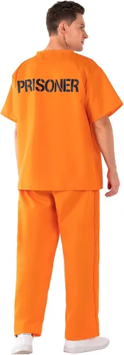 Vista 4 de Disfraz de prisionero para adultos, overol naranja de convicto para cosplay, camisa y pantalón, disfraz para hombres y mujeres