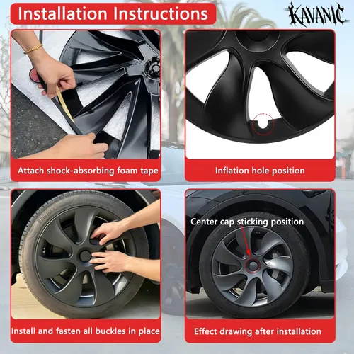 Vista 3 de KAVANIC 4 piezas de cubierta de rueda Compatible con Tesla Model Y 19 pulgadas 2020-2024 ABS tapacubos estilo cuchilla negro mate Compatible