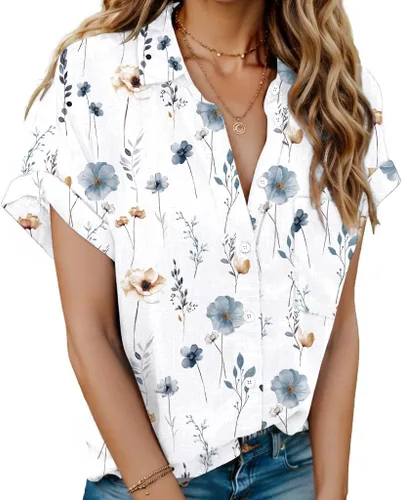 Vista 14 de HOTOUCH Camisas de Lino para Mujer con Botones Blusas de Manga Corta de Algodón Cuello en V con Cuello Tops de Gasa con Botones S-3XL