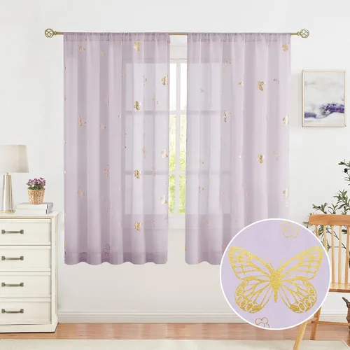 Vista 25 de Jubilantex Paneles de cortinas transparentes de mariposas negras y doradas de 52 pulgadas de ancho para dormitorio de niñas, elegantes cortinas