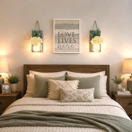 Vista 31 de Decoración rústica de madera para colgar en la pared con tira de luces LED para sala de estar y dormitorio modernos, estilo campestre inspirador
