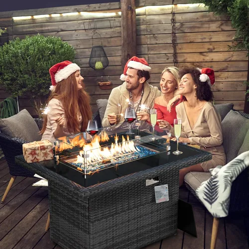 Vista 8 de BULEXYARD Mesa de mimbre de polietileno de 43 pulgadas para patio al aire libre con cubierta impermeable de 55,000 BTU de encendido automático