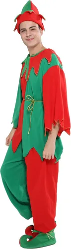 Vista 4 de EraSpooky Disfraz de elfo de Navidad unisex para adultos, conjunto completo, Rojo