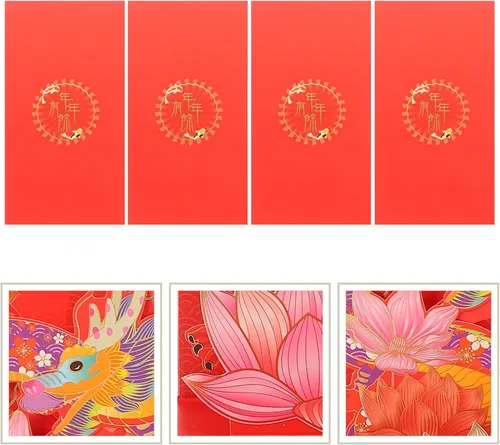 Vista 3 de Vaguelly Sobres rojos de año nuevo 3D 2024, 4 unidades, loto chino, carácter, año del dragón, Fengshui, Fortuna, sobre Hong Bao Lucky Money Red
