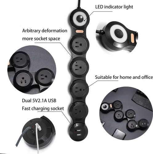 Vista 3 de Protector de sobretensiones flexible, cable de 6 pies de largo, 4 tomacorrientes, 2 USB (enchufe plano de 10 V/13 amperios) con cable de extensión
