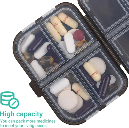 Vista 6 de Organizador de píldoras de viaje pequeño con 8 compartimentos en rejilla - Estuche porta medicamentos portátil - Organizador de medicación diario