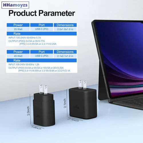 Vista 2 de Paquete de 2 cargadores USB C súper rápidos de 45 W + 25 W compatibles con Samsung Galaxy S22 S23 Ultra, cable de carga rápida
