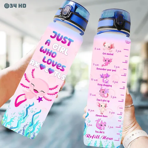 Vista 4 de 34HD Axolotl - Botella de agua de 32 onzas, bonita botella motivacional para mujer, botella de gimnasio con marcador de tiempo, regalo