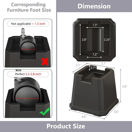 Vista 3 de Paquete de 9 elevadores de cama de 3 pulgadas resistentes para muebles que se adaptan a ruedas de cama, sofá, mesa y sofá, color negro For Wheels