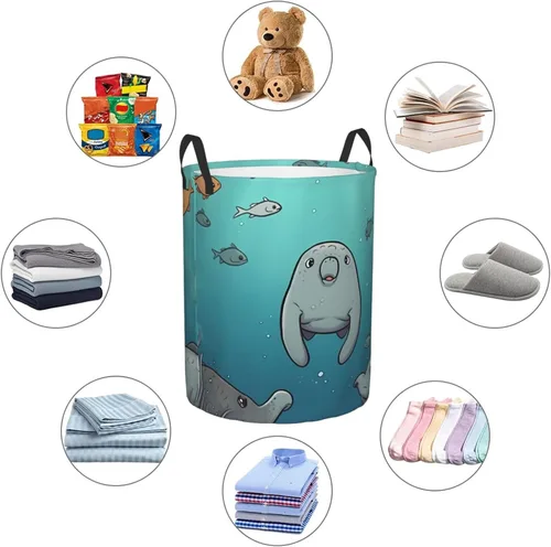 Vista 6 de Crazy Save Manatee print Circular Hamper Waterproof Storage Bin Organizer Basket Laundry Hamper With Handles For Clothes Toys Small