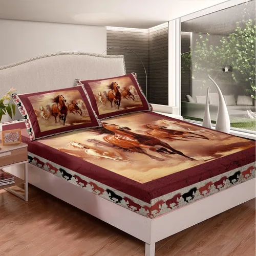 Vista 2 de Manfei Sábana bajera ajustable de caballo al galope, tamaño individual, funda de cama con temática de animales con 1 funda de almohada, juego