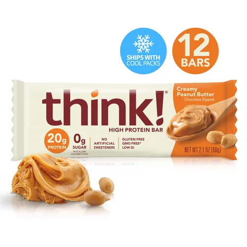 Vista 3 de Think! Barras de proteínas, aperitivos ricos en proteínas, sin gluten, aptos para Kosher, mantequilla de maní cremosa, barras nutricionales, 2.1