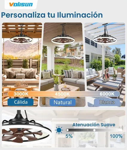 Vista 2 de VOLISUN Ventiladores de techo para exteriores con luz para patios, ventilador de techo resistente a la intemperie, enchufe de 19.7 pulgadas Madera