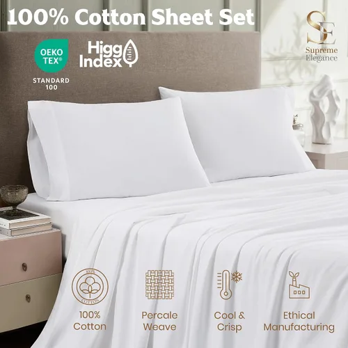 Vista 3 de SUPREME ELEGANCE Juego de sábanas de cama individual 100% algodón - Blanco ártico, ropa de cama de percal de 3 piezas, sábanas transpirables frescas
