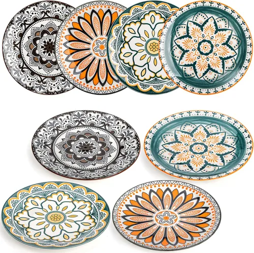Vista 5 de Foraineam 8 platos de ensalada, platos de postre florales de porcelana de 8.5 pulgadas, coloridos juegos de platos redondos para almuerzo, ensalada