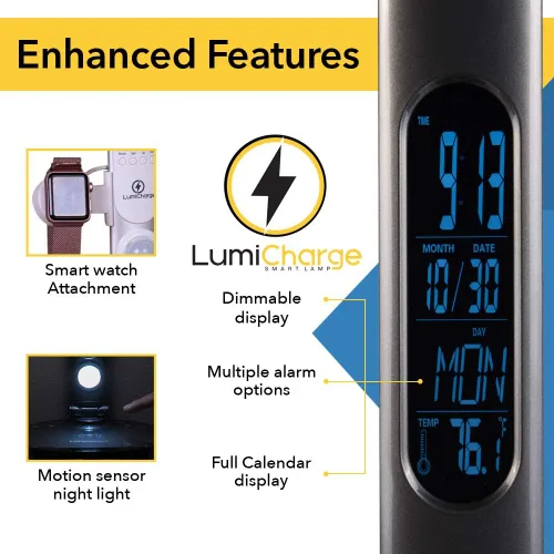 Vista 4 de Lámpara LED, inteligente y ajustable de escritorio con base de carga universal para teléfono de LumiCharge. Control táctil de 3 tonos