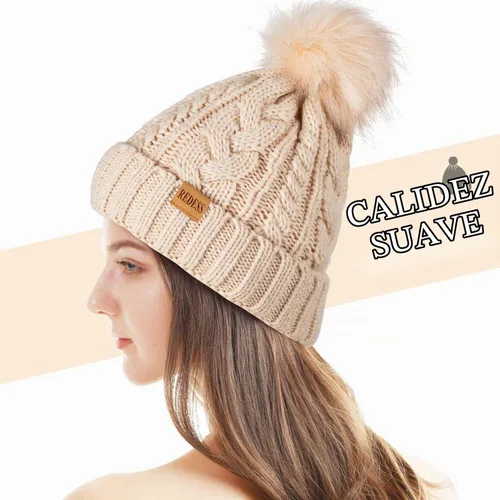 Vista 3 de Redess Gorro de invierno con pompón y forro polar cálido, grueso y holgado, tejido, para la nieve, para esquiar, para mujer Beige