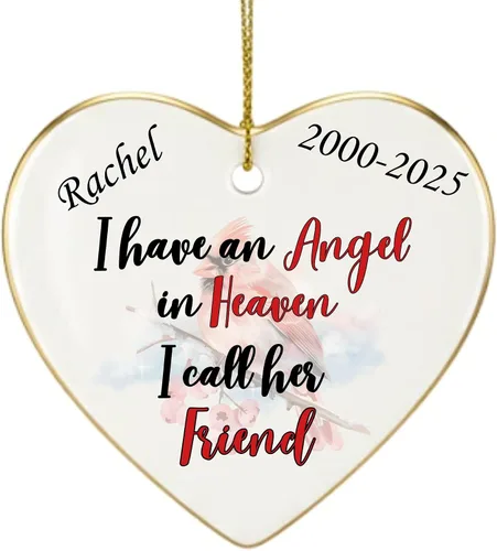 Vista 26 de Adorno de Navidad conmemorativo personalizado 2025 – Recuerdo de cerámica en forma de corazón – Tengo un ángel en el cielo I Call Her Primo – Regalo