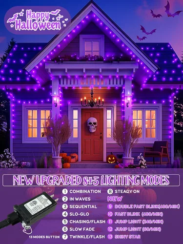 Vista 2 de Guirnalda de luces de Halloween conectables C6 de 250 LED, 82 pies, impermeable, luz morada para exteriores, luz parpadeante de hadas enchufable