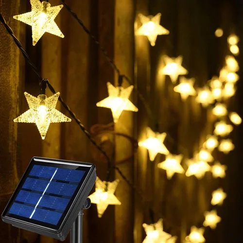 Vista 9 de 50 pies 120 LED luces de cuerda solares de hadas para exteriores, impermeables, luces decorativas de estrella centelleante para jardín, poste
