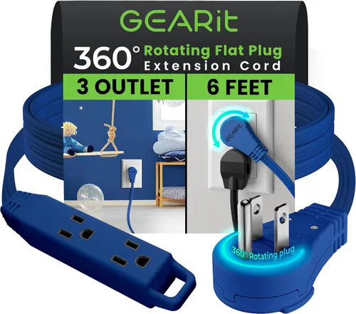 Vista 10 de GEARit Cable de extensión de enchufe plano giratorio de 360° de 3 pies, cable de alimentación de perfil bajo de 3 salidas, ahorro de espacio