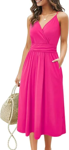 Vista 13 de Ouges Vestido corto de verano para mujer, con cuello en V, tirantes delgados, estampado floral y bolsillos, de fiesta