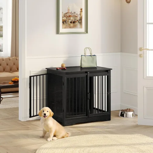 Vista 8 de Hzuaneri Mueble de jaula para perros de 27.2 pulgadas con puerta de granero, perrera resistente para interiores con 2 puertas, mesa auxiliar jaula